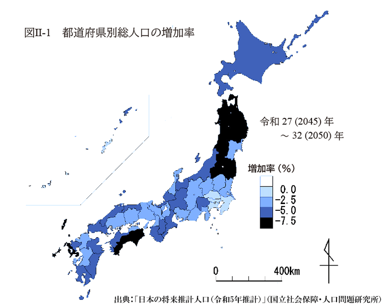 都道府県別人口の増加率（国立社会保障・人口問題研究所資料に着色）